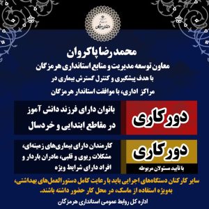 دورکاری بانوان شاغل دارای فرزند در هرمزگان از ۱۷ تا ۲۱ آذر اجرایی می شود.
